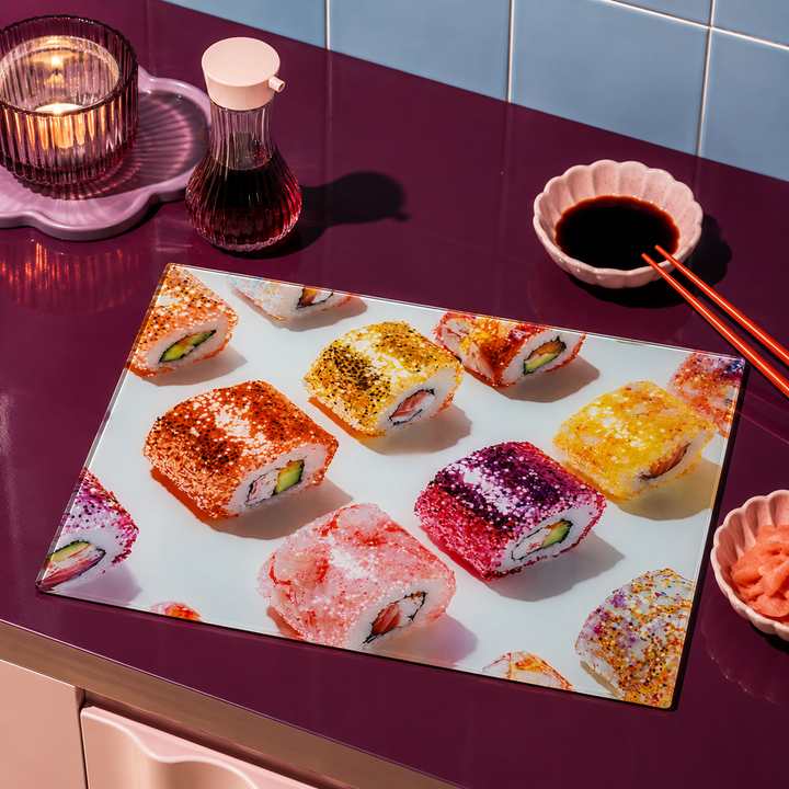 A rectangular glass worktop saver printed with colourful glitter effect sushi rolls, placed on a dark purple countertop in a kitchen setting with soy sauce, chopsticks, a candle, and a bottle nearby.