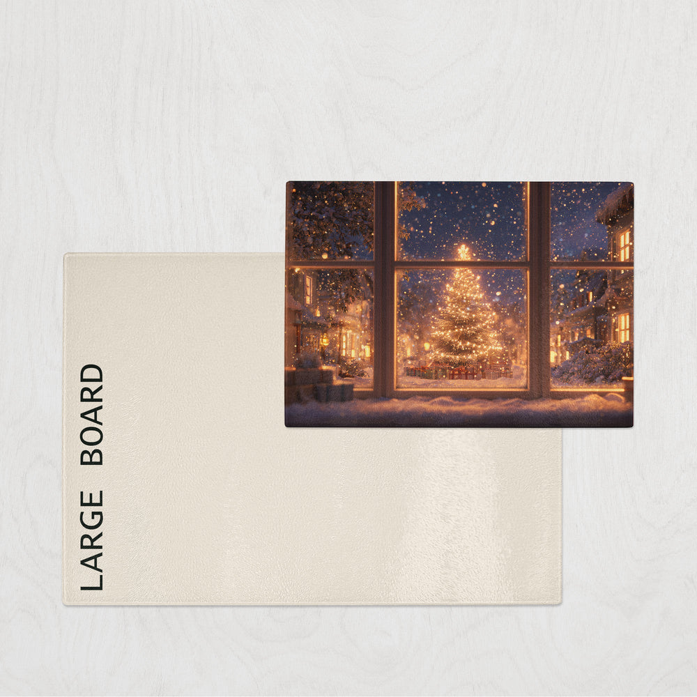 Glass chopping board with glowing Christmas tree through frosted window, twinkling lights, and snow-covered houses