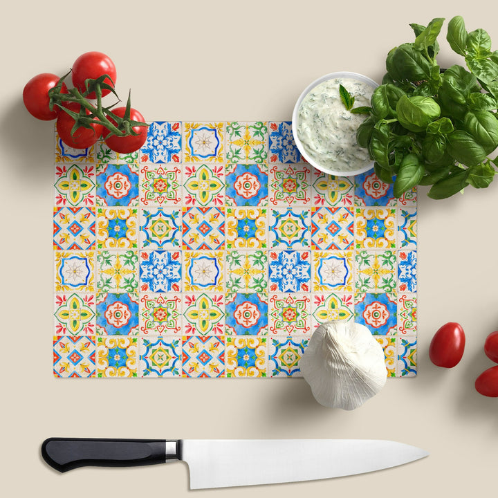 The Greek Tiles Glass Chopping Board