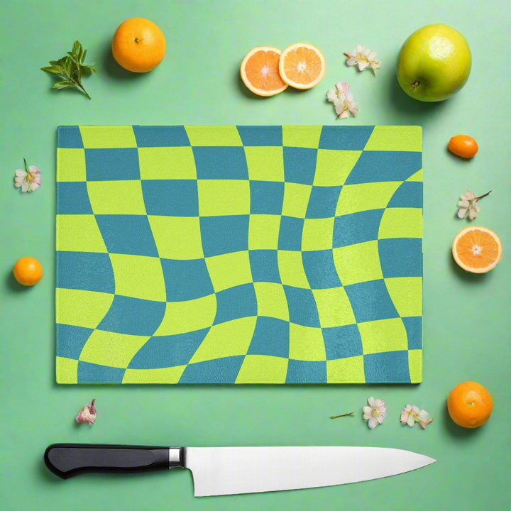 Green 90s Wavy Check Glass Chopping Board - Yililo