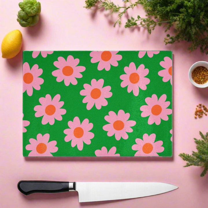 Green And Pink Flower Glass Chopping Board - Yililo