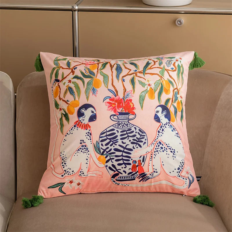 Green Tassel Pink Chinoiserie Monkey Cushion Cover - Yililo