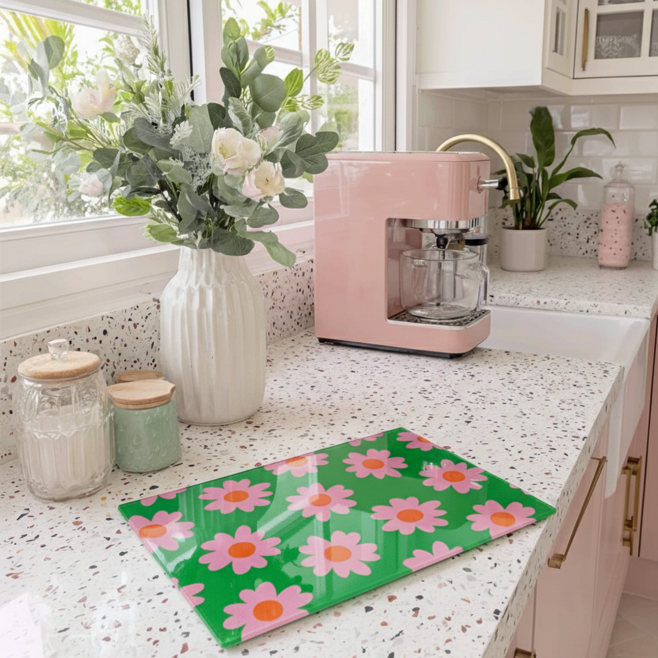 Green And Pink Flower Glass Chopping Board