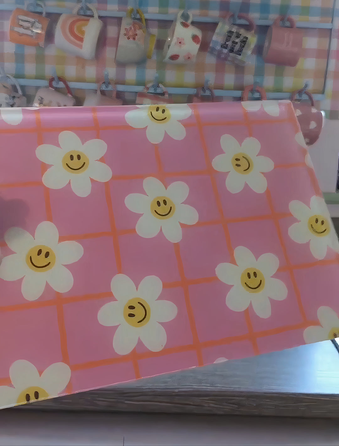 Pink Flower Check Smiley Glass Chopping Board