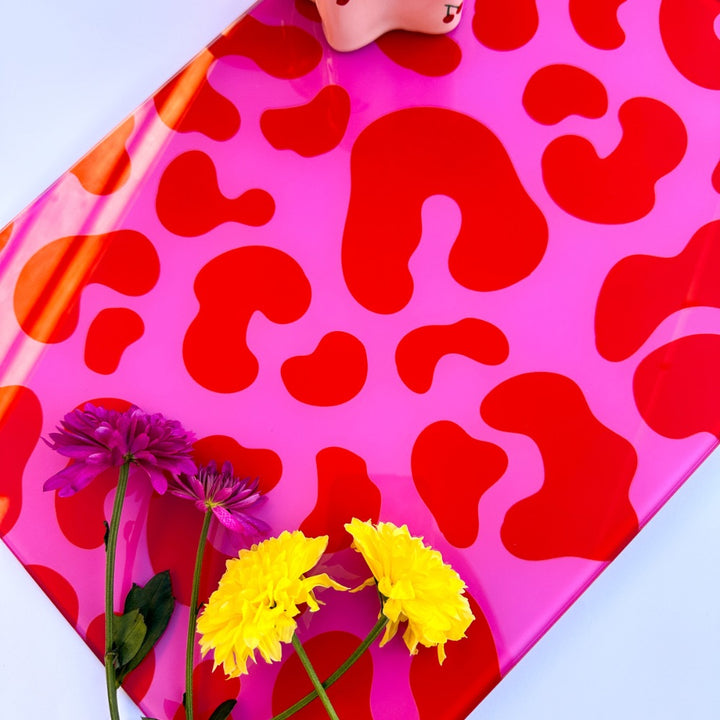 Pink Red Leopard Print Glass Chopping Board