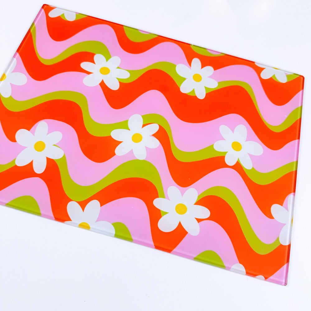 Colourful Wave Flower Glass Chopping Board