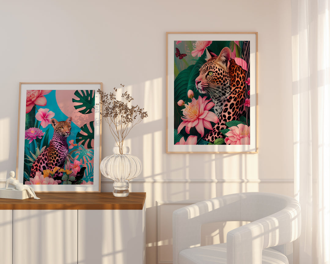 Tropischer rosa Leoparden-Flora-Fine-Art-Wanddruck