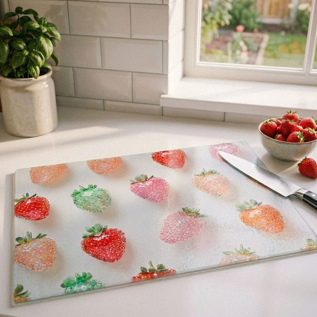 Rainbow Sparkle Strawberry Glass Chopping Board