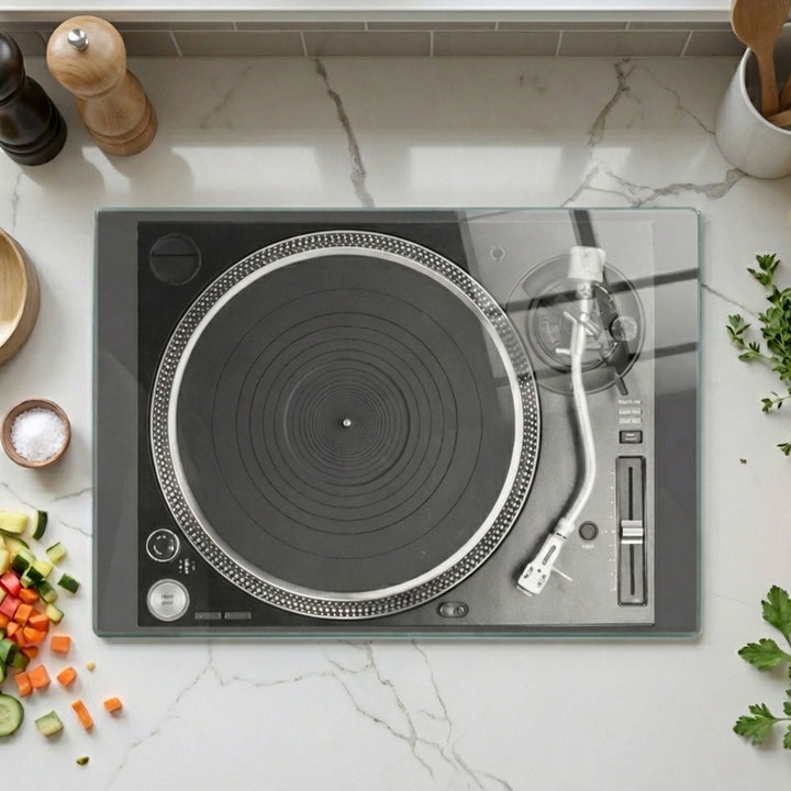 Record Player Glass Chopping Board - Black