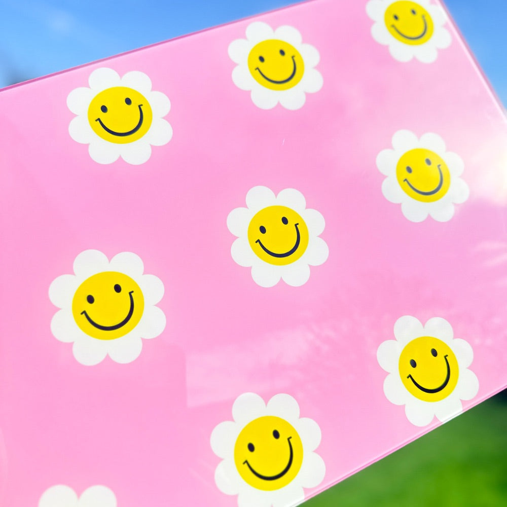 Pink Smiley Daisy Glass Chopping Board