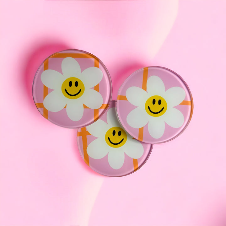 Pink Check Smiley Daisy 4 Piece Glass Coaster Set