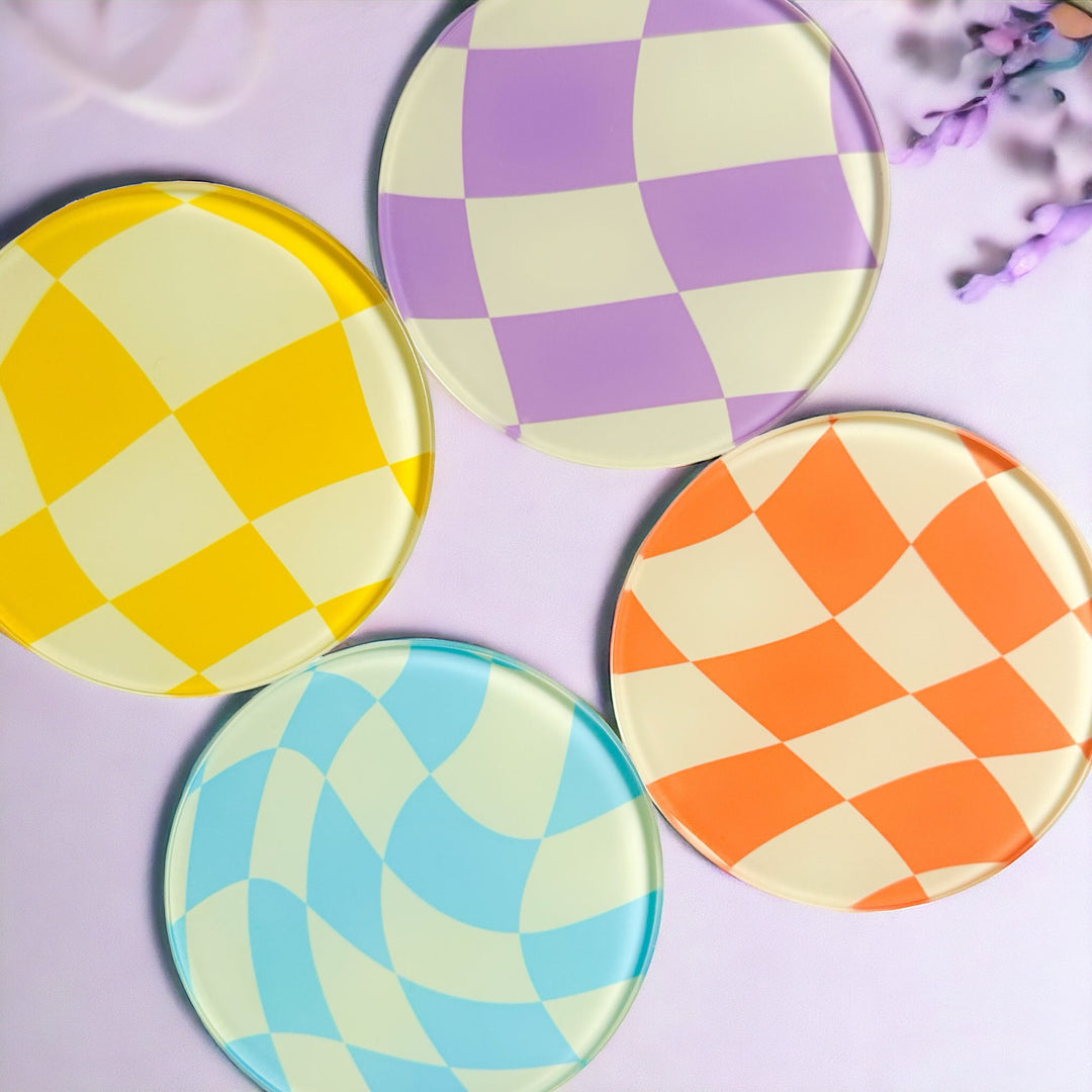 90s Wavy Check Light Colourful 4 Piece Glass Coaster Set
