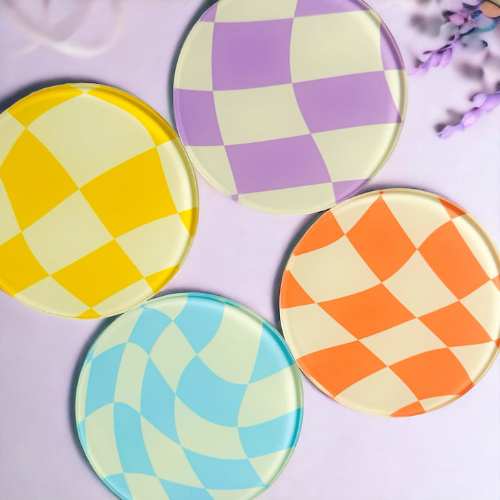 90s Wavy Check Light Colourful 4 Piece Glass Coaster Set - Yililo