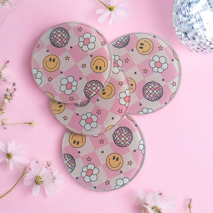 Pink Smiley Disco 4 Piece Glass Coaster Set