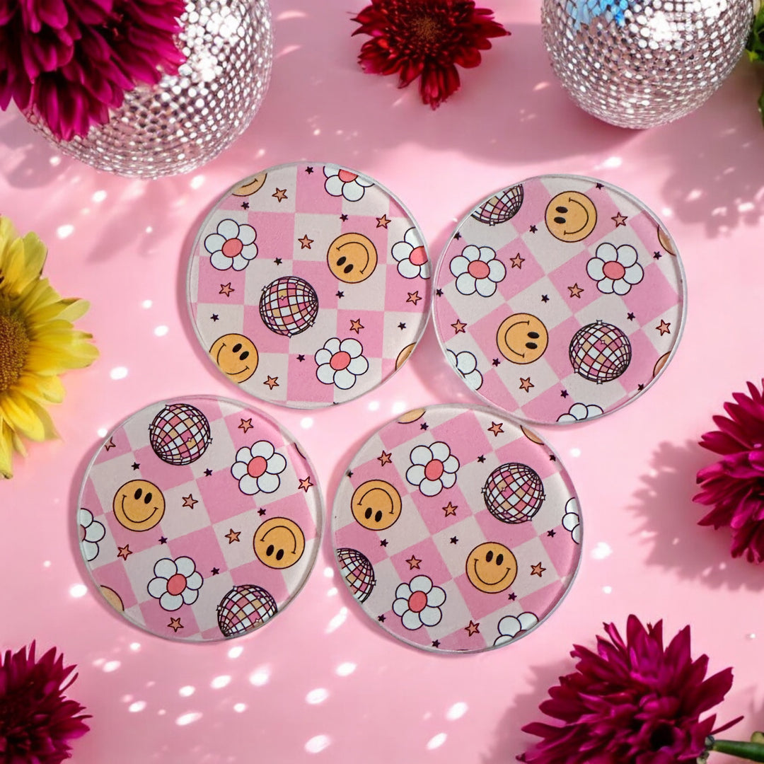 Pink Smiley Disco 4 Piece Glass Coaster Set - Yililo