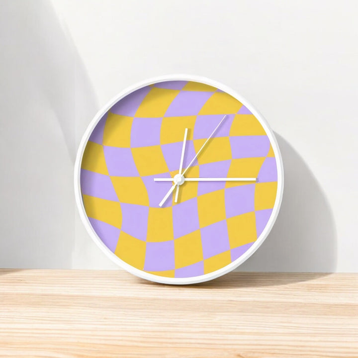 Yellow And Lilac Wavy Check Wall Clock