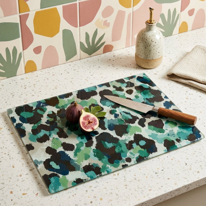 Deep Teal Leopard Blotch Glass Chopping Board