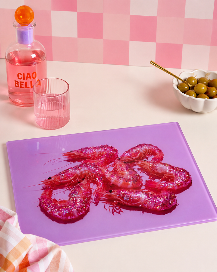 Glitter Pink Prawn Glass Chopping Board