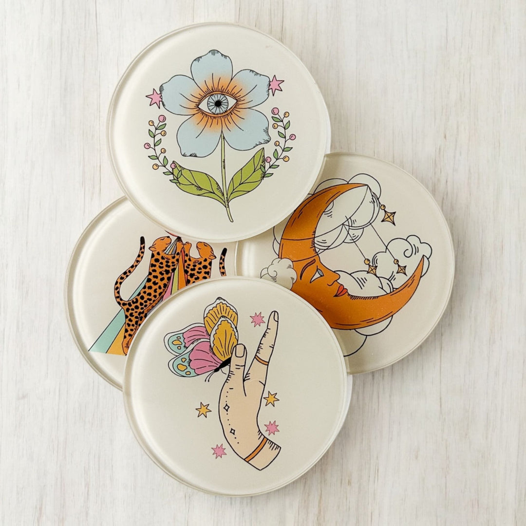 Boho Mystical Glass Coasters – Pastel Designs (Set of 4)