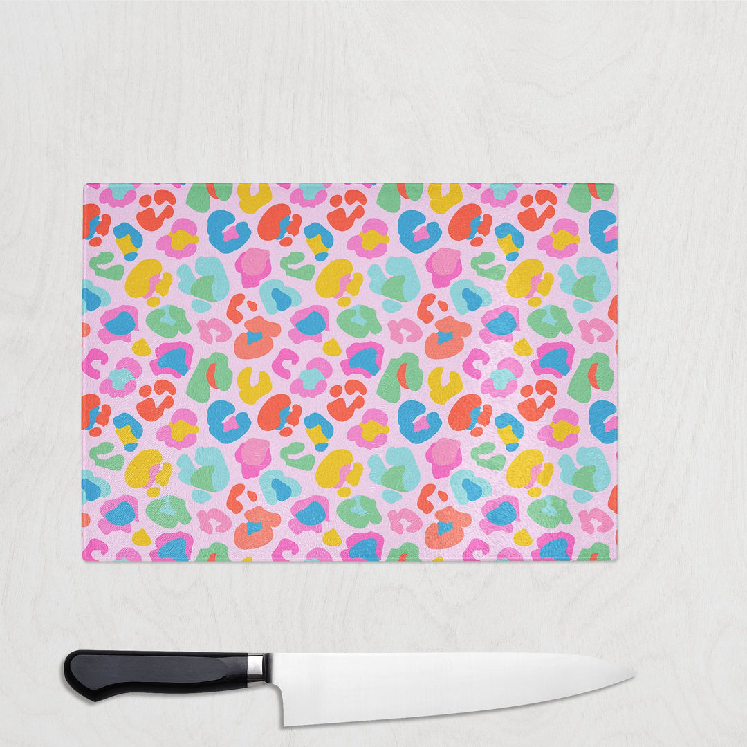 Wild Rainbow Leopard Print Glass Chopping Board