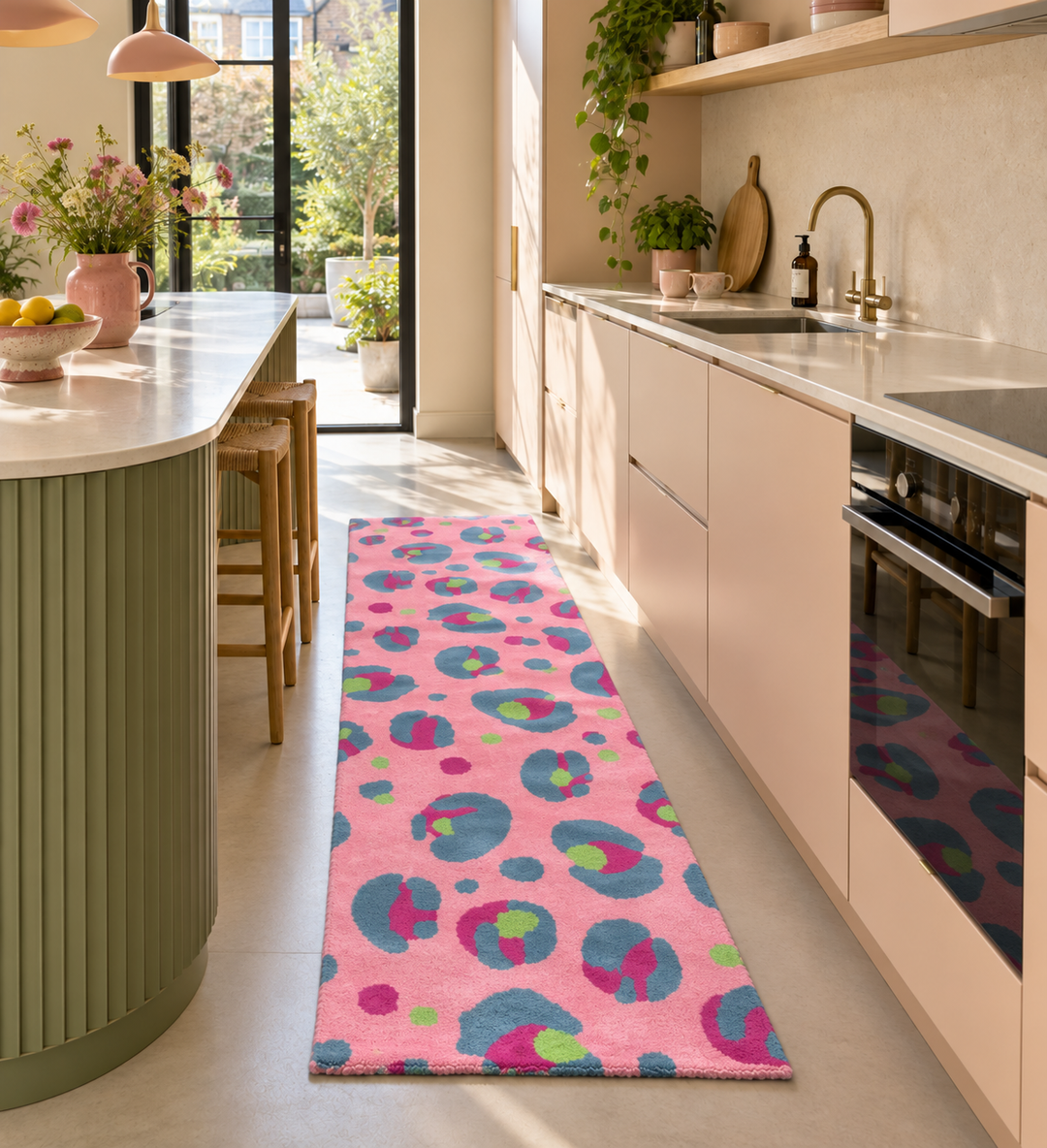 Soft Pink Blue Leopard Print Wool Rug Runner