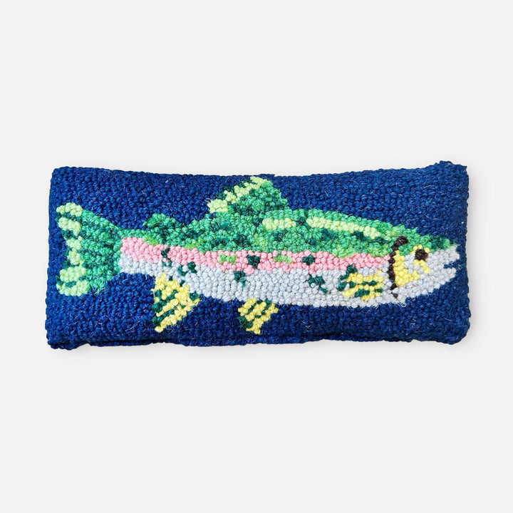 The Yililo Rainbow Trout Hooked Wool Cushion features a vibrant rainbow trout design with green, yellow, pink, and white details centered on a rectangular solid blue background.