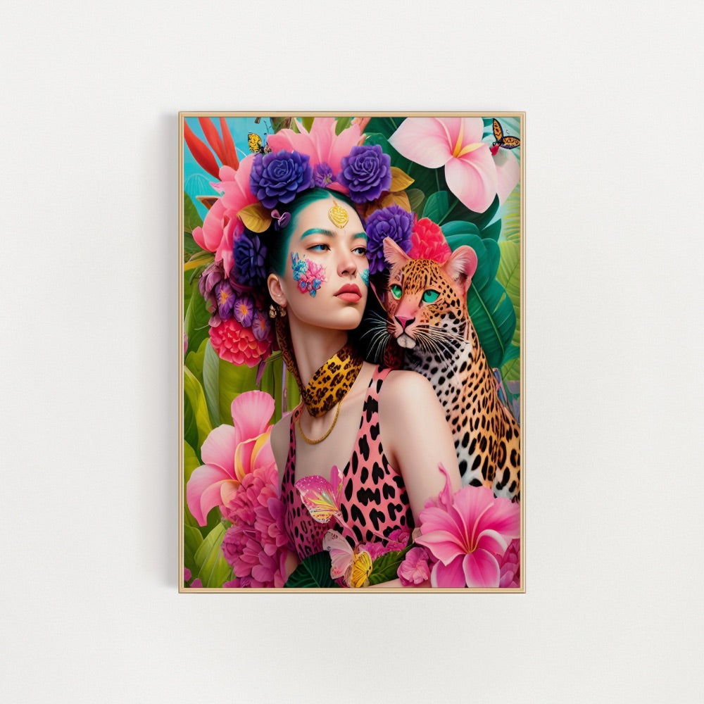 Lady and the leopard tropical colourful leopard wall art
