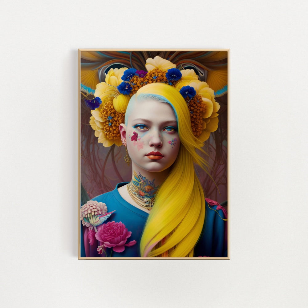 Wandkunst-Poster mit gelbem Haar und gelben Blumen