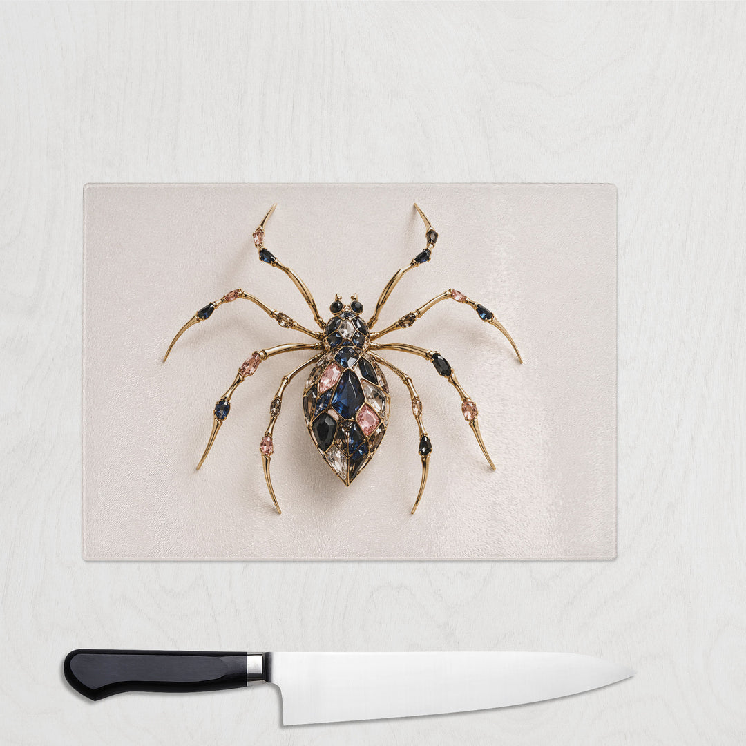 Jewelled Spider glass chopping board with one enormous crystal-covered spider on cream