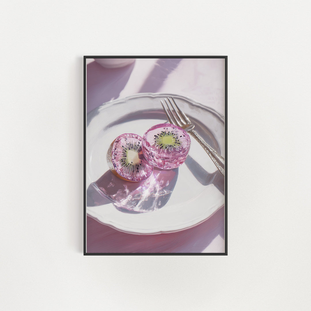 Framed artwork of a plate with pink flowers and a fork on a white background