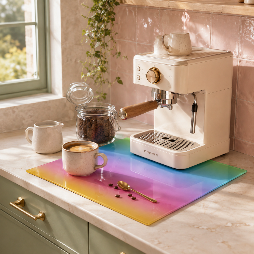 A cream-coloured espresso machine sits on a pastel rainbow gradient glass chopping board mat on a marble kitchen counter, with a cup of coffee, a small cream pitcher, and a glass jar of coffee beans nearby.