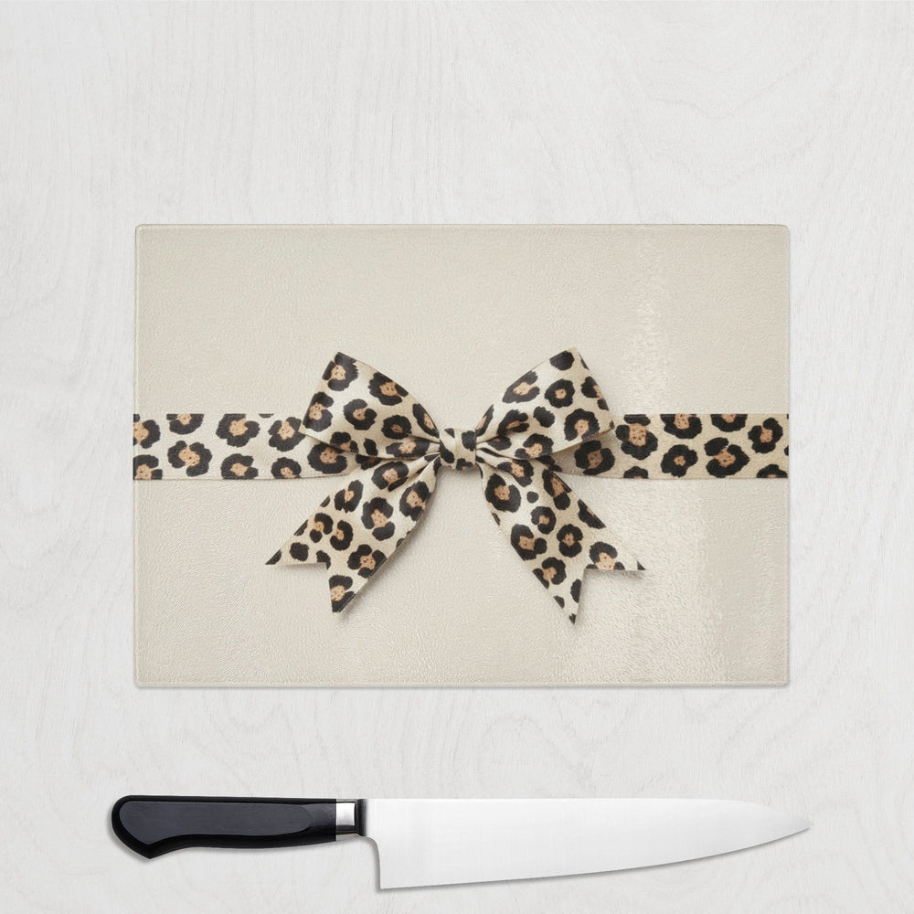 Leopard Bow Christmas Glass Chopping Board