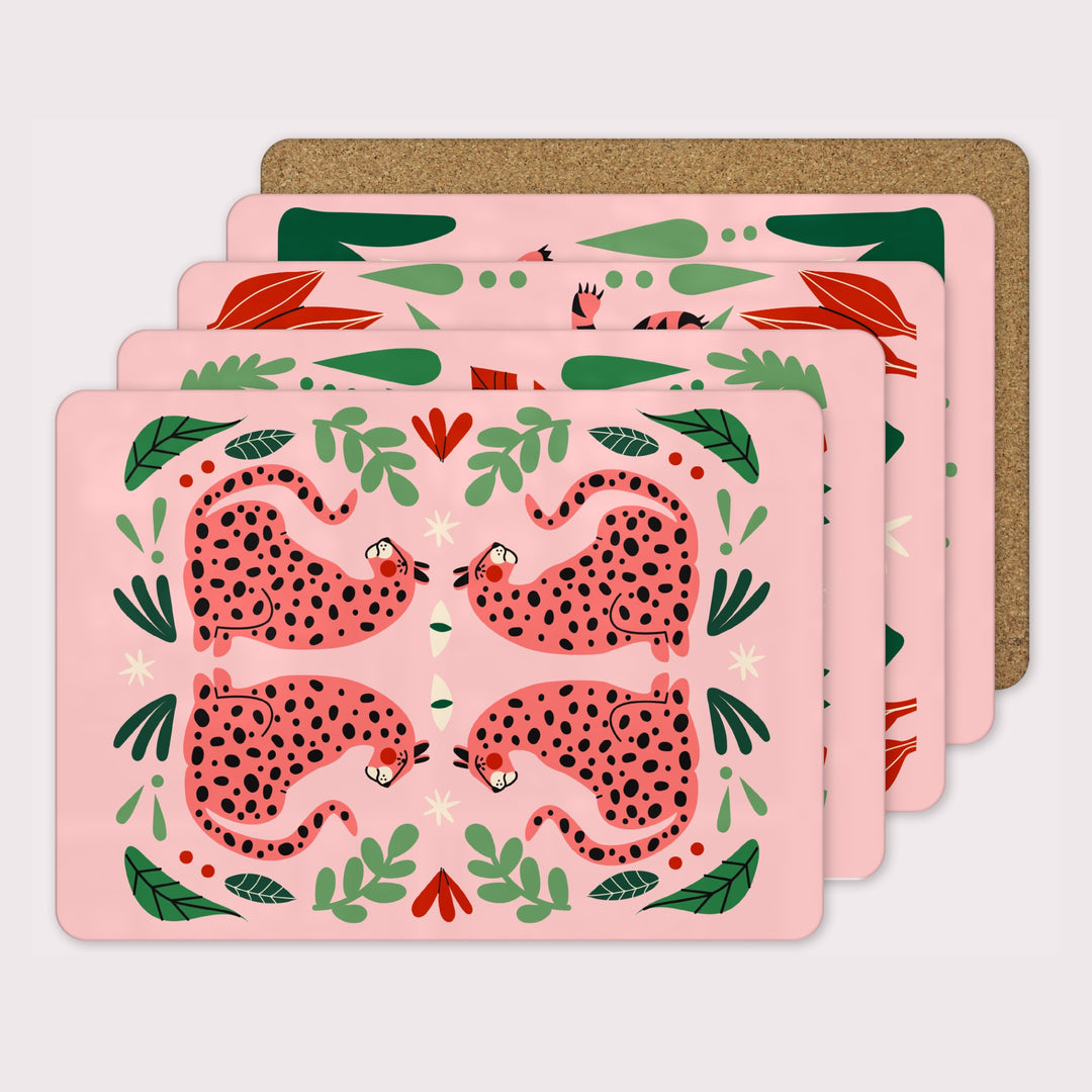 Lounging Pink Jungle Cat Placemats - Set of 4 - Yililo