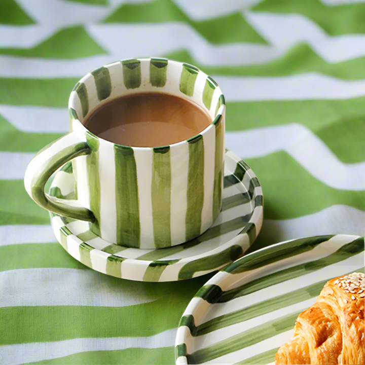 Nordic Striped Rustic Mug And Saucer Set - Yililo