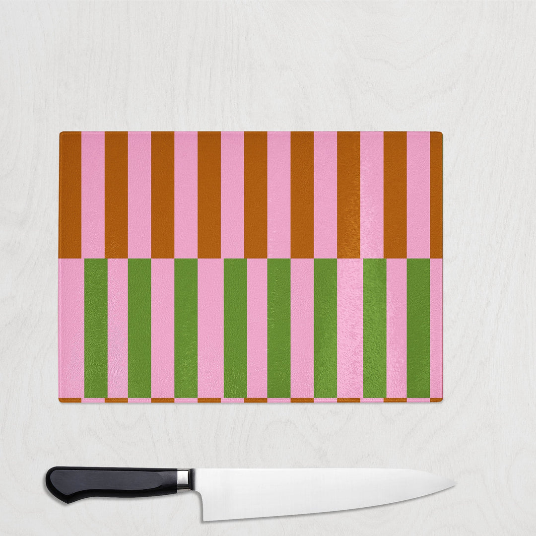 Olive & Rose glass chopping board with soft pink stripes and olive lattice
