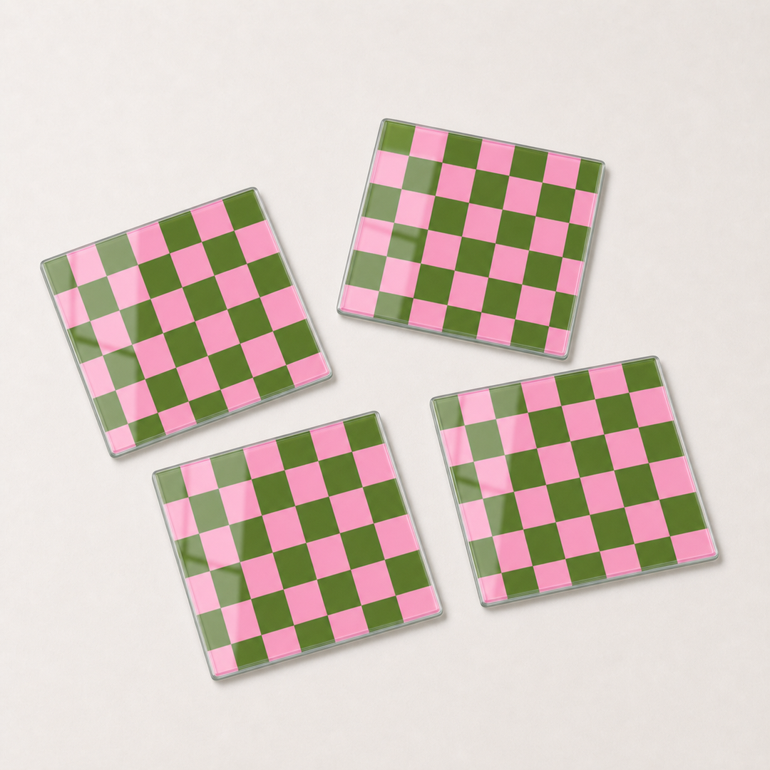 Olive & Rose glass coaster set of 4 in soft pink and olive check