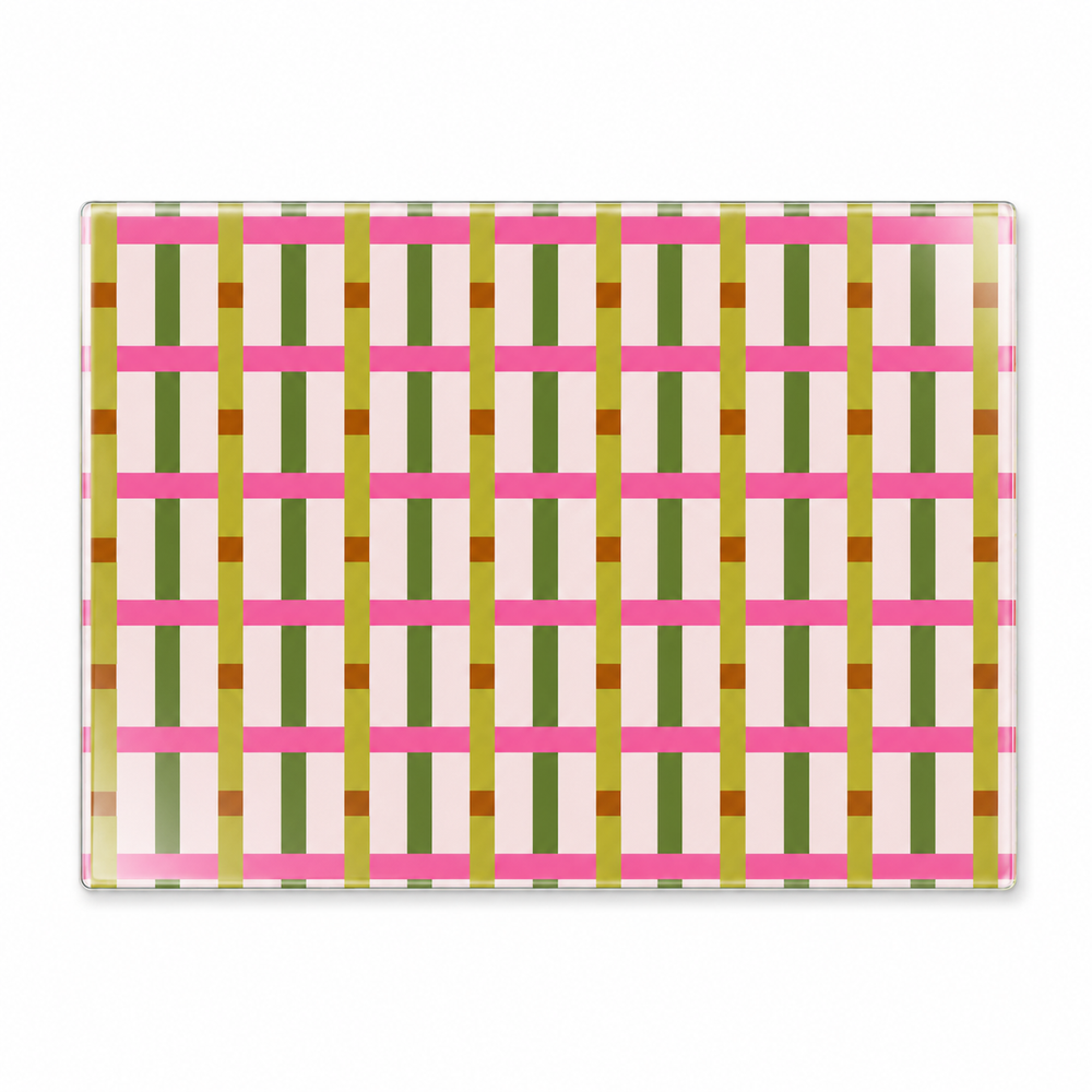 Olive & Rose glass placemats with soft pink stripes and olive lattice