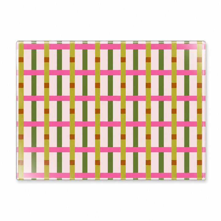 Olive & Rose glass placemats with soft pink stripes and olive lattice