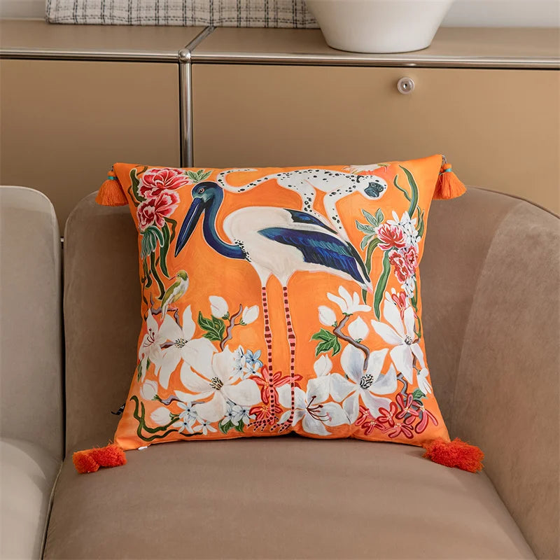 Orange Stork & Leopard Cushion Cover - Yililo