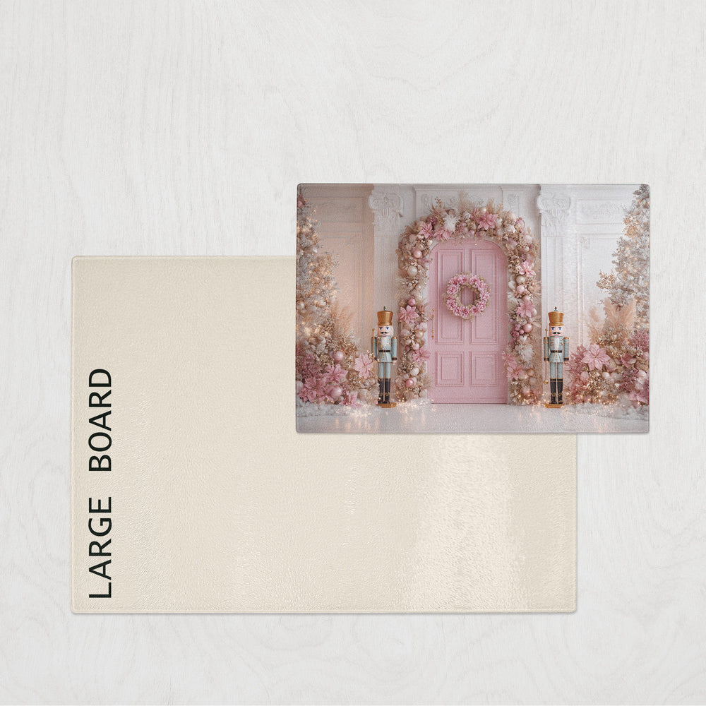 Pastel pink Nutcracker Christmas chopping board with floral wreath and festive decorations