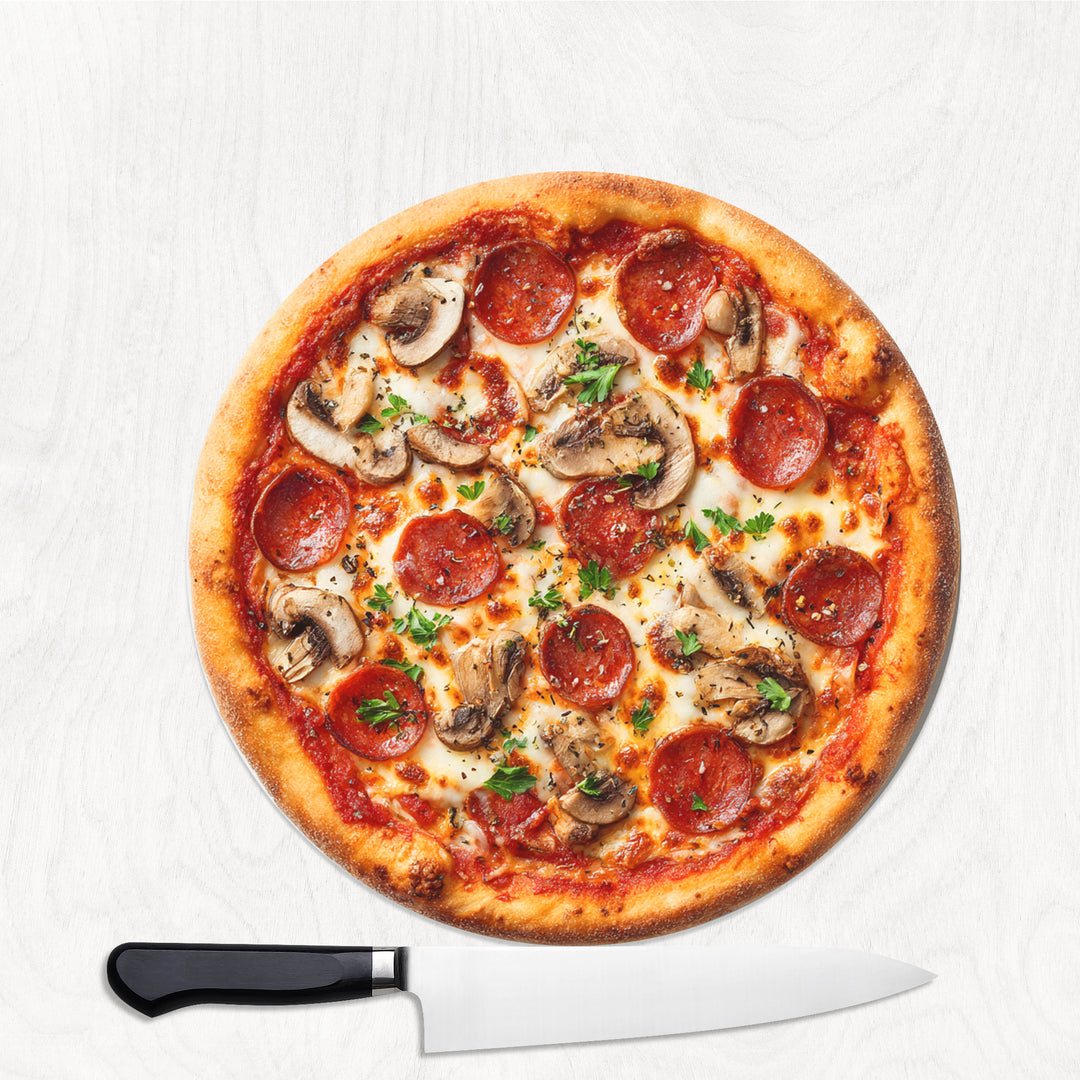 30cm round smooth glass chopping board with pepperoni pizza design