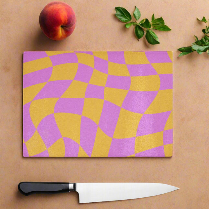 Pink And Yellow Wavy Check Glass Chopping Board - Yililo