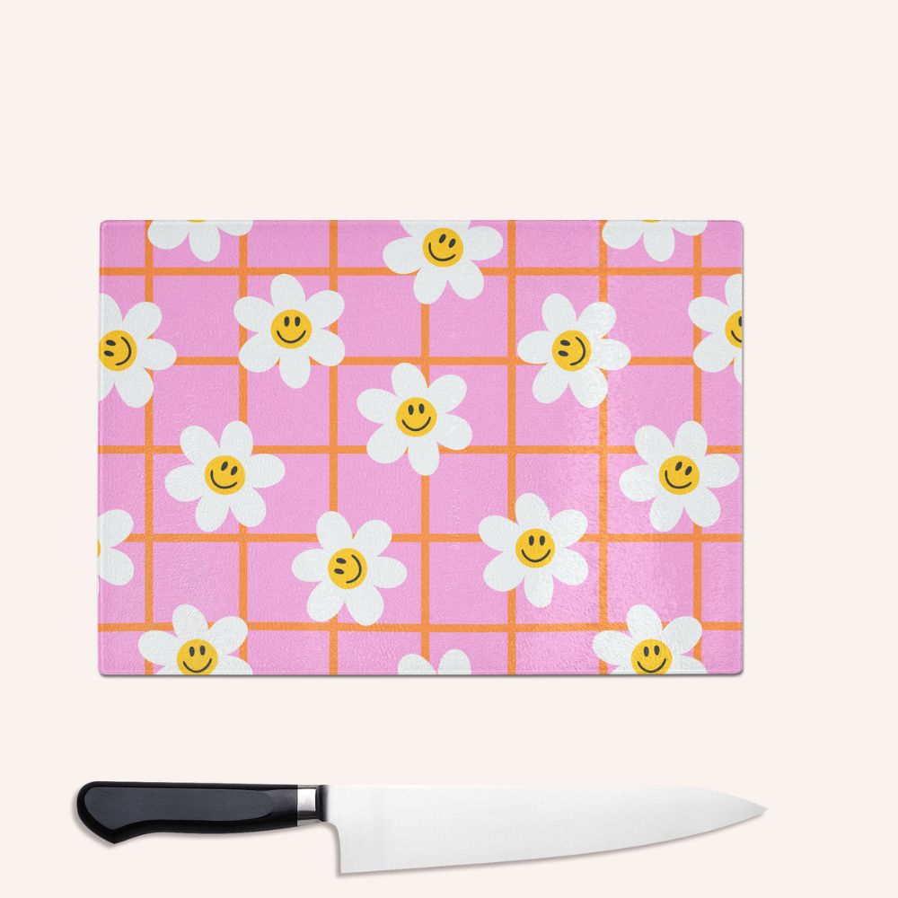 Pink Flower Check Smiley Glass Chopping Board
