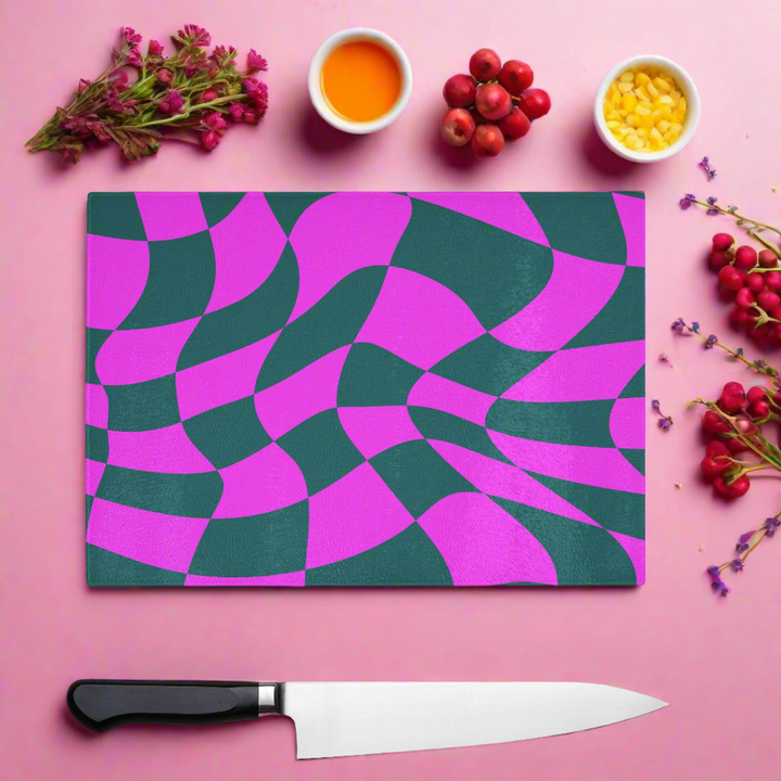 Pink Green 90s Wavy Check Glass Chopping Board - Yililo