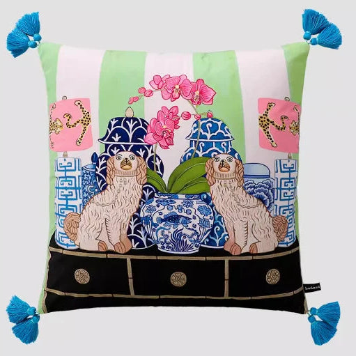 Pink & Green Foo Dog Cushion Cover - Yililo