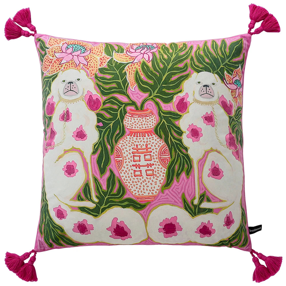 Pink & Green Foo Dog Cushion Cover - Yililo