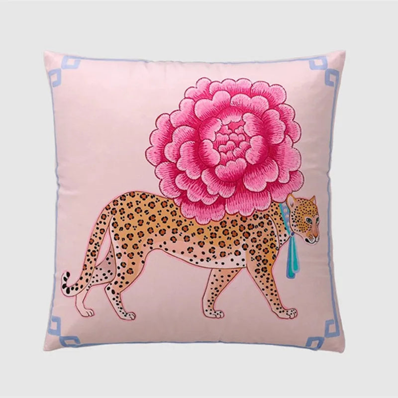 Pink Leopard & Peony Cushion Cover - Yililo