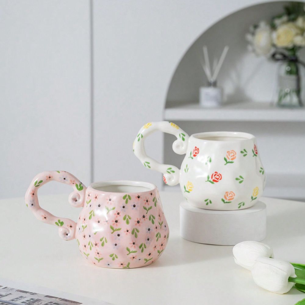 Pink White Scroll Rustic Handle Floral Flower Mug - Yililo