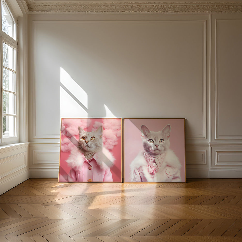 Pink Cute Cat And Clouds Wall Art Poster