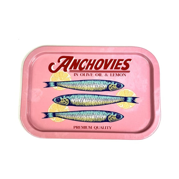 Pink tin of anchovies with illustrations on a white background